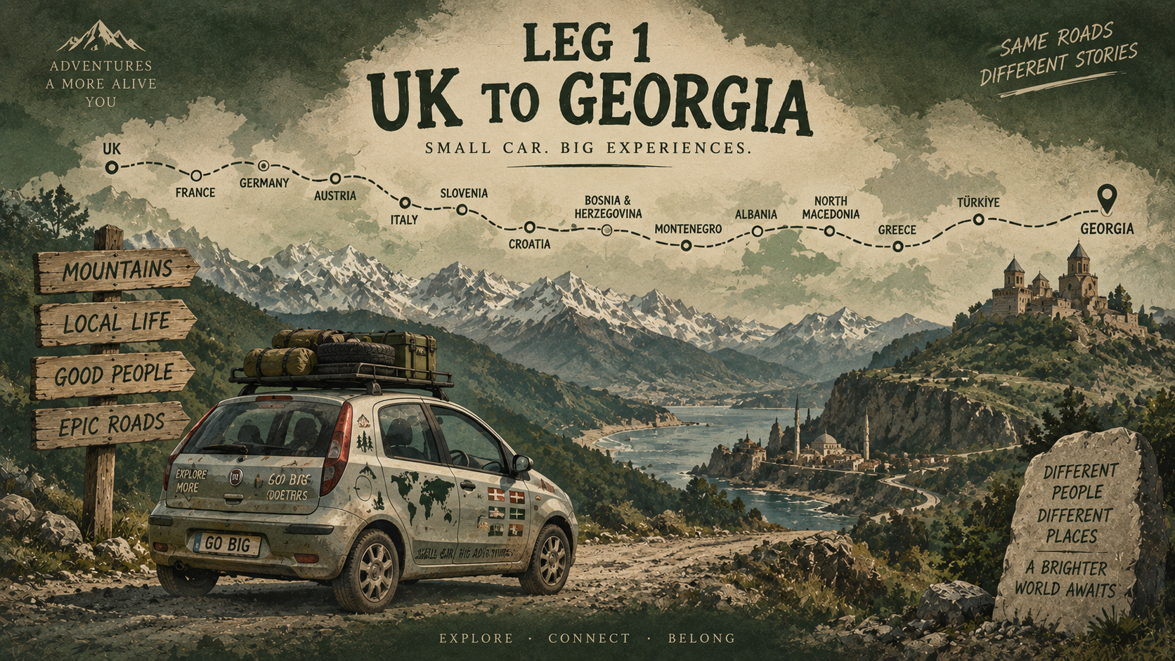 Small expedition car on a mountain road with the route from UK to Georgia