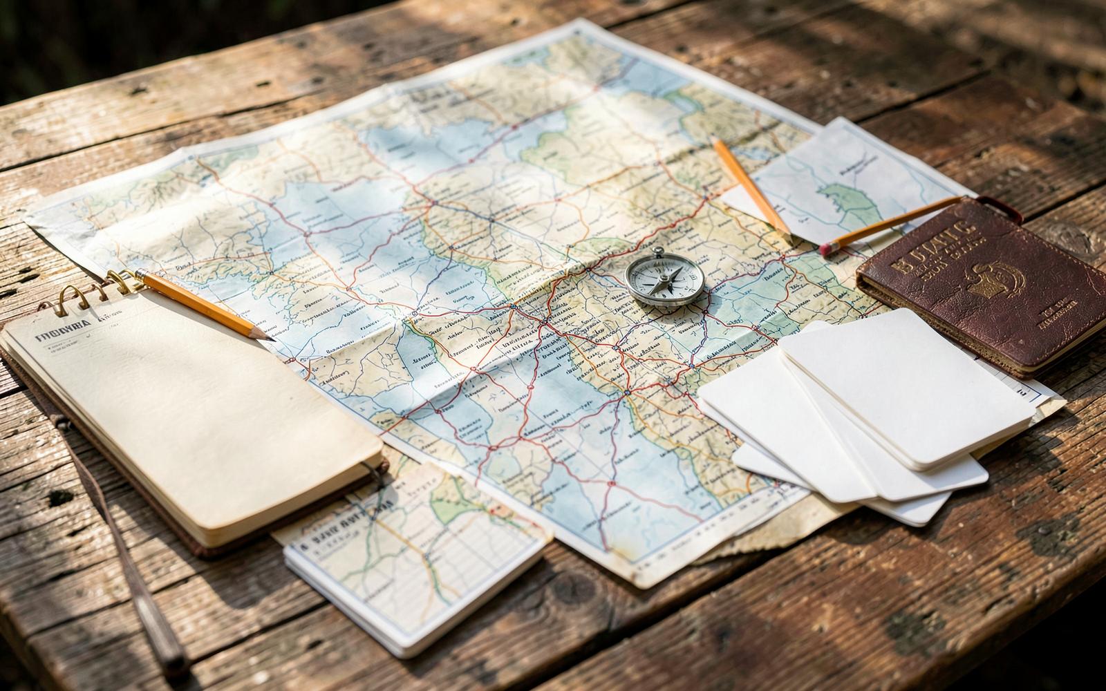 Paper maps, notebook and compass used to plan the expedition
